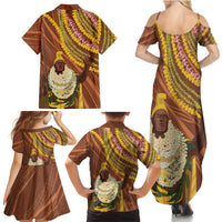 Hawaii King Kamehameha Family Matching Summer Maxi Dress and Hawaiian Shirt Hawaiian Kakau Pattern With Leis LT05 - Polynesian Pride