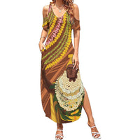 Hawaii King Kamehameha Family Matching Summer Maxi Dress and Hawaiian Shirt Hawaiian Kakau Pattern With Leis LT05 Mom's Dress Brown - Polynesian Pride