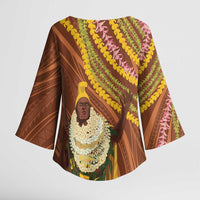 Hawaii King Kamehameha Kimono Sleeve Blouse Hawaiian Kakau Pattern With Leis