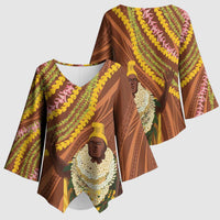 Hawaii King Kamehameha Kimono Sleeve Blouse Hawaiian Kakau Pattern With Leis
