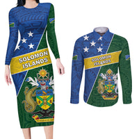 Personalised Solomon Islands Independence Day Couples Matching Long Sleeve Bodycon Dress and Long Sleeve Button Shirt With Coat Of Arms LT05 Green - Polynesian Pride