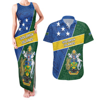 Personalised Solomon Islands Independence Day Couples Matching Tank Maxi Dress and Hawaiian Shirt With Coat Of Arms LT05 Green - Polynesian Pride