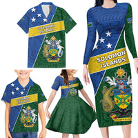 Personalised Solomon Islands Independence Day Family Matching Long Sleeve Bodycon Dress and Hawaiian Shirt With Coat Of Arms LT05 - Polynesian Pride