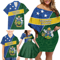 Personalised Solomon Islands Independence Day Family Matching Off Shoulder Short Dress and Hawaiian Shirt With Coat Of Arms LT05 - Polynesian Pride