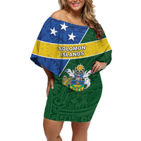 Personalised Solomon Islands Independence Day Family Matching Off Shoulder Short Dress and Hawaiian Shirt With Coat Of Arms LT05 Mom's Dress Green - Polynesian Pride
