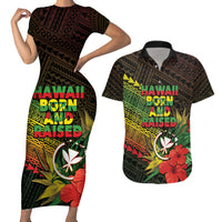 Personalized Hawaii Born and Raised Couples Matching Short Sleeve Bodycon Dress and Hawaiian Shirt Kanaka Maoli Flag Day LT05 Reggae - Polynesian Pride