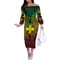 Personalised Wallis and Futuna Territory Day Family Matching Off The Shoulder Long Sleeve Dress and Hawaiian Shirt Polynesian Pattern Simple Style LT05 Mom's Dress Reggae - Polynesian Pride