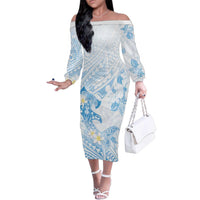 Polynesia Hammerhead Shark Family Matching Off The Shoulder Long Sleeve Dress and Hawaiian Shirt Tropical Flowers Tribal Pattern Blue LT05 Mom's Dress Blue - Polynesian Pride