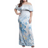 Polynesia Hammerhead Shark Family Matching Off Shoulder Maxi Dress and Hawaiian Shirt Tropical Flowers Tribal Pattern Blue LT05 Mom's Dress Blue - Polynesian Pride