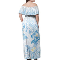 Polynesia Hammerhead Shark Off Shoulder Maxi Dress Tropical Flowers Tribal Pattern Blue