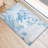 Polynesia Hammerhead Shark Rubber Doormat Tropical Flowers Tribal Pattern Blue