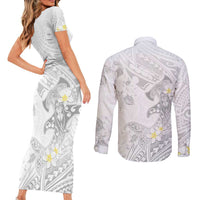 Polynesia Hammerhead Shark Couples Matching Short Sleeve Bodycon Dress and Long Sleeve Button Shirt Tropical Flowers Tribal Pattern White