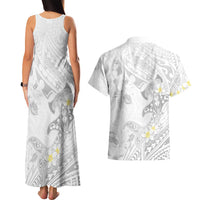 Polynesia Hammerhead Shark Couples Matching Tank Maxi Dress and Hawaiian Shirt Tropical Flowers Tribal Pattern White