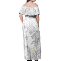 Polynesia Hammerhead Shark Off Shoulder Maxi Dress Tropical Flowers Tribal Pattern White