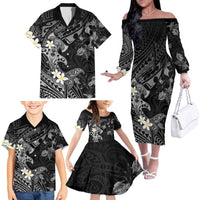 Polynesia Hammerhead Shark Family Matching Off The Shoulder Long Sleeve Dress and Hawaiian Shirt Tropical Flowers Tribal Pattern Black LT05 - Polynesian Pride