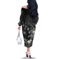 Polynesia Hammerhead Shark Family Matching Off The Shoulder Long Sleeve Dress and Hawaiian Shirt Tropical Flowers Tribal Pattern Black LT05 - Polynesian Pride