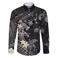 Polynesia Hammerhead Shark Family Matching Off Shoulder Maxi Dress and Hawaiian Shirt Tropical Flowers Tribal Pattern Black LT05 Dad's Shirt - Long Sleeve Black - Polynesian Pride
