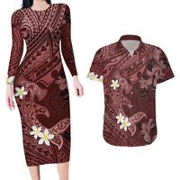 Polynesia Hammerhead Shark Couples Matching Long Sleeve Bodycon Dress and Hawaiian Shirt Tropical Flowers Tribal Pattern Oxblood LT05 Oxblood - Polynesian Pride