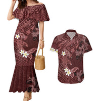 Polynesia Hammerhead Shark Couples Matching Mermaid Dress and Hawaiian Shirt Tropical Flowers Tribal Pattern Oxblood LT05 Oxblood - Polynesian Pride