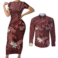 Polynesia Hammerhead Shark Couples Matching Short Sleeve Bodycon Dress and Long Sleeve Button Shirt Tropical Flowers Tribal Pattern Oxblood