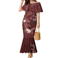 Polynesia Hammerhead Shark Family Matching Mermaid Dress and Hawaiian Shirt Tropical Flowers Tribal Pattern Oxblood LT05 Mom's Dress Oxblood - Polynesian Pride