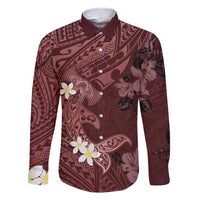 Polynesia Hammerhead Shark Family Matching Off The Shoulder Long Sleeve Dress and Hawaiian Shirt Tropical Flowers Tribal Pattern Oxblood LT05 Dad's Shirt - Long Sleeve Oxblood - Polynesian Pride