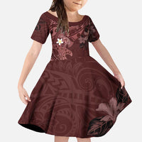 Polynesia Hammerhead Shark Family Matching Off Shoulder Maxi Dress and Hawaiian Shirt Tropical Flowers Tribal Pattern Oxblood LT05 Daughter's Dress Oxblood - Polynesian Pride