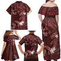 Polynesia Hammerhead Shark Family Matching Off Shoulder Maxi Dress and Hawaiian Shirt Tropical Flowers Tribal Pattern Oxblood LT05 - Polynesian Pride