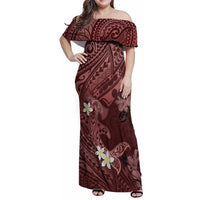 Polynesia Hammerhead Shark Family Matching Off Shoulder Maxi Dress and Hawaiian Shirt Tropical Flowers Tribal Pattern Oxblood LT05 Mom's Dress Oxblood - Polynesian Pride