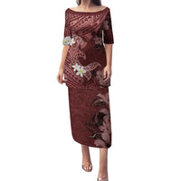 Polynesia Hammerhead Shark Family Matching Puletasi and Hawaiian Shirt Tropical Flowers Tribal Pattern Oxblood LT05 Mom's Dress Oxblood - Polynesian Pride