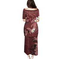 Polynesia Hammerhead Shark Family Matching Puletasi and Hawaiian Shirt Tropical Flowers Tribal Pattern Oxblood LT05 - Polynesian Pride