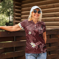 Polynesia Hammerhead Shark Women Polo Shirt Tropical Flowers Tribal Pattern Oxblood