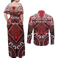 Personalised New Zealand Aotearoa Couples Matching Off Shoulder Maxi Dress and Long Sleeve Button Shirt Te Reo Maori Ake Ake Ake LT05 - Polynesian Pride