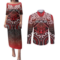 Personalised New Zealand Aotearoa Couples Matching Puletasi and Long Sleeve Button Shirt Te Reo Maori Ake Ake Ake LT05 Red - Polynesian Pride