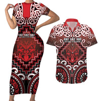 Personalised New Zealand Aotearoa Couples Matching Short Sleeve Bodycon Dress and Hawaiian Shirt Te Reo Maori Ake Ake Ake LT05 Red - Polynesian Pride