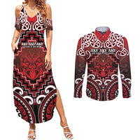 Personalised New Zealand Aotearoa Couples Matching Summer Maxi Dress and Long Sleeve Button Shirt Te Reo Maori Ake Ake Ake LT05 Red - Polynesian Pride