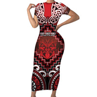 Personalised New Zealand Aotearoa Short Sleeve Bodycon Dress Te Reo Maori Ake Ake Ake LT05 Long Dress Red - Polynesian Pride