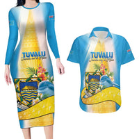 Personalised Tuvalu Independence Day Couples Matching Long Sleeve Bodycon Dress and Hawaiian Shirt Tuvalu Mo Te Atua LT05 Yellow - Polynesian Pride