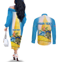 Personalised Tuvalu Independence Day Couples Matching Off The Shoulder Long Sleeve Dress and Long Sleeve Button Shirt Tuvalu Mo Te Atua LT05 - Polynesian Pride