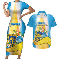 Personalised Tuvalu Independence Day Couples Matching Short Sleeve Bodycon Dress and Hawaiian Shirt Tuvalu Mo Te Atua LT05 Yellow - Polynesian Pride