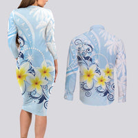 FSM Chuuk Constitution Day Couples Matching Long Sleeve Bodycon Dress and Long Sleeve Button Shirt Polynesian Curves Plumeria LT05 - Polynesian Pride