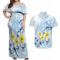 FSM Chuuk Constitution Day Couples Matching Off Shoulder Maxi Dress and Hawaiian Shirt Polynesian Curves Plumeria LT05 Blue - Polynesian Pride