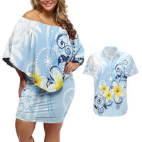 FSM Chuuk Constitution Day Couples Matching Off Shoulder Short Dress and Hawaiian Shirt Polynesian Curves Plumeria LT05 Blue - Polynesian Pride