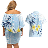 FSM Chuuk Constitution Day Couples Matching Off Shoulder Short Dress and Hawaiian Shirt Polynesian Curves Plumeria LT05 - Polynesian Pride
