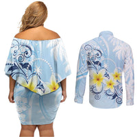 FSM Chuuk Constitution Day Couples Matching Off Shoulder Short Dress and Long Sleeve Button Shirt Polynesian Curves Plumeria LT05 - Polynesian Pride