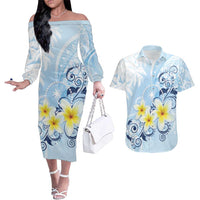FSM Chuuk Constitution Day Couples Matching Off The Shoulder Long Sleeve Dress and Hawaiian Shirt Polynesian Curves Plumeria LT05 Blue - Polynesian Pride