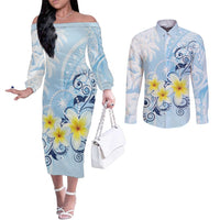FSM Chuuk Constitution Day Couples Matching Off The Shoulder Long Sleeve Dress and Long Sleeve Button Shirt Polynesian Curves Plumeria LT05 Blue - Polynesian Pride