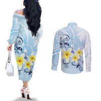 FSM Chuuk Constitution Day Couples Matching Off The Shoulder Long Sleeve Dress and Long Sleeve Button Shirt Polynesian Curves Plumeria LT05 - Polynesian Pride