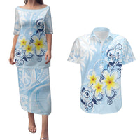 FSM Chuuk Constitution Day Couples Matching Puletasi and Hawaiian Shirt Polynesian Curves Plumeria LT05 Blue - Polynesian Pride