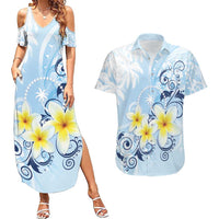 FSM Chuuk Constitution Day Couples Matching Summer Maxi Dress and Hawaiian Shirt Polynesian Curves Plumeria LT05 Blue - Polynesian Pride
